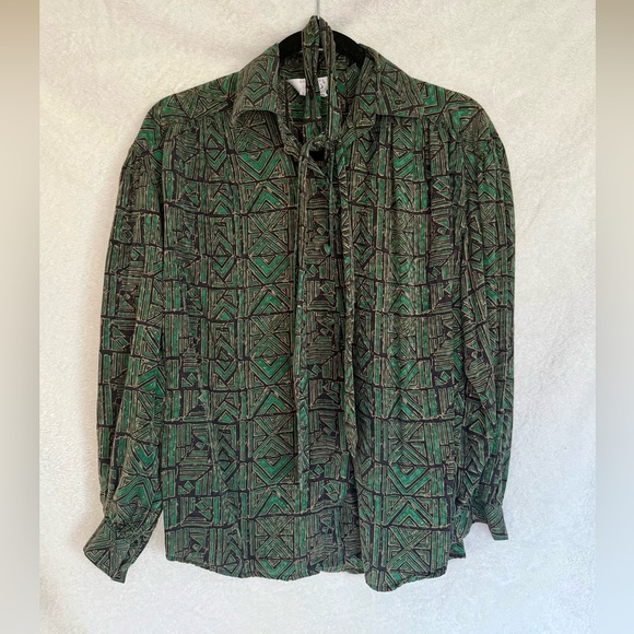 Doncaster Tops - Vintage Doncaster Silk Green and Black Patterned Blouse With Neck Tie